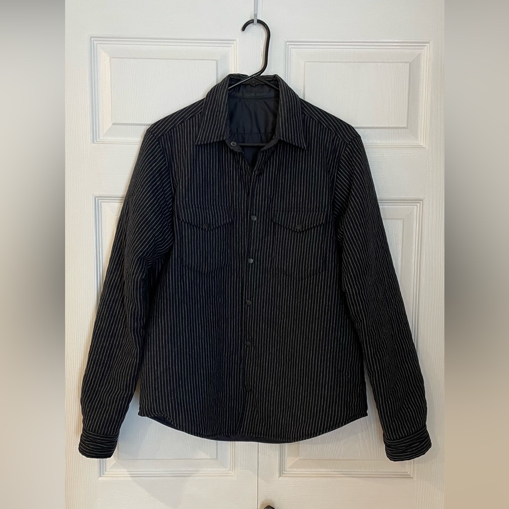 Barneys New York Navy Pinstripe Reversible Shirt Jacket